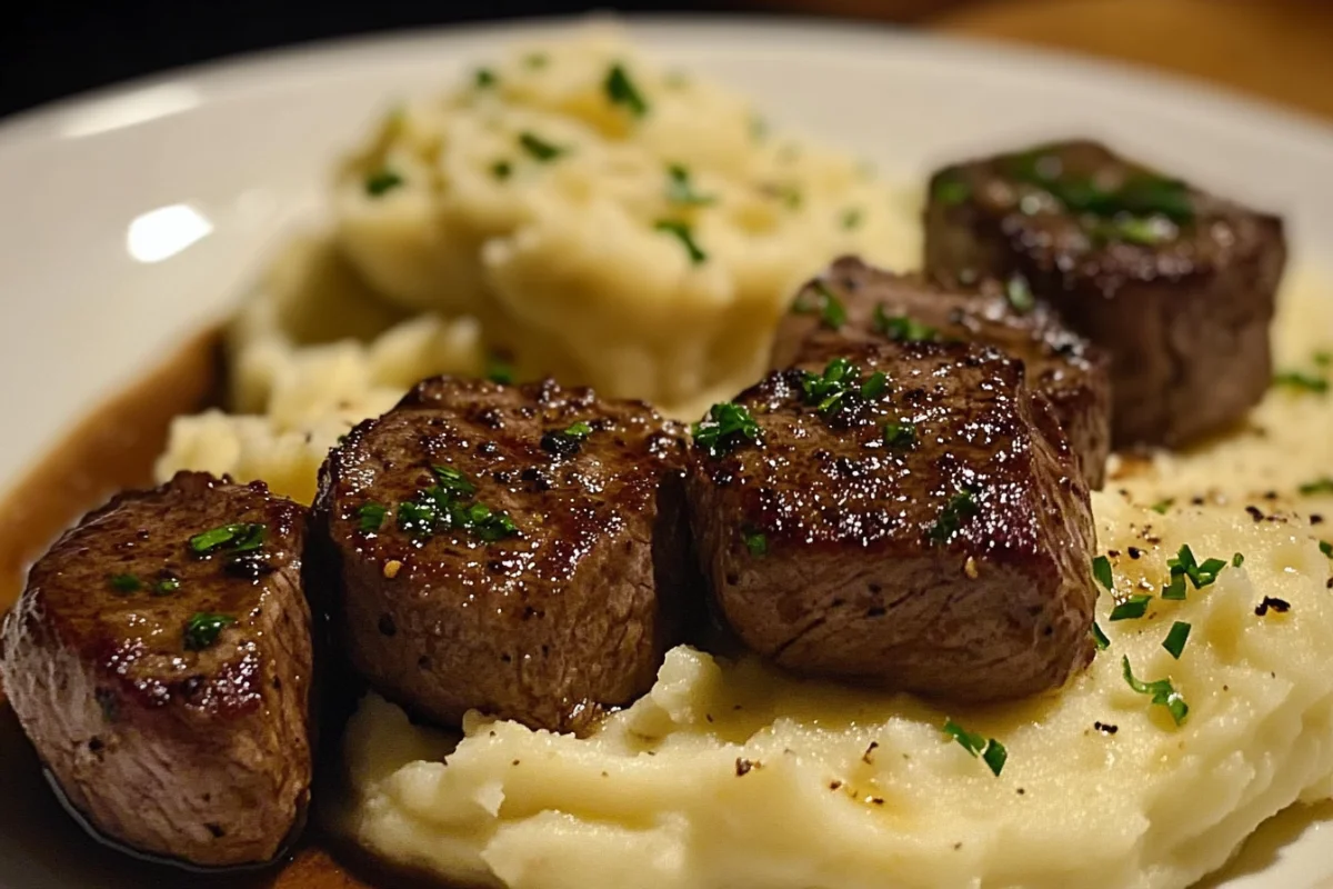 Garlic steak bites with mashed potatoes, Garlic butter beef bites, Creamy mashed potatoes with steak, Steak bites and mashed potatoes recipe, Butter garlic steak and mash