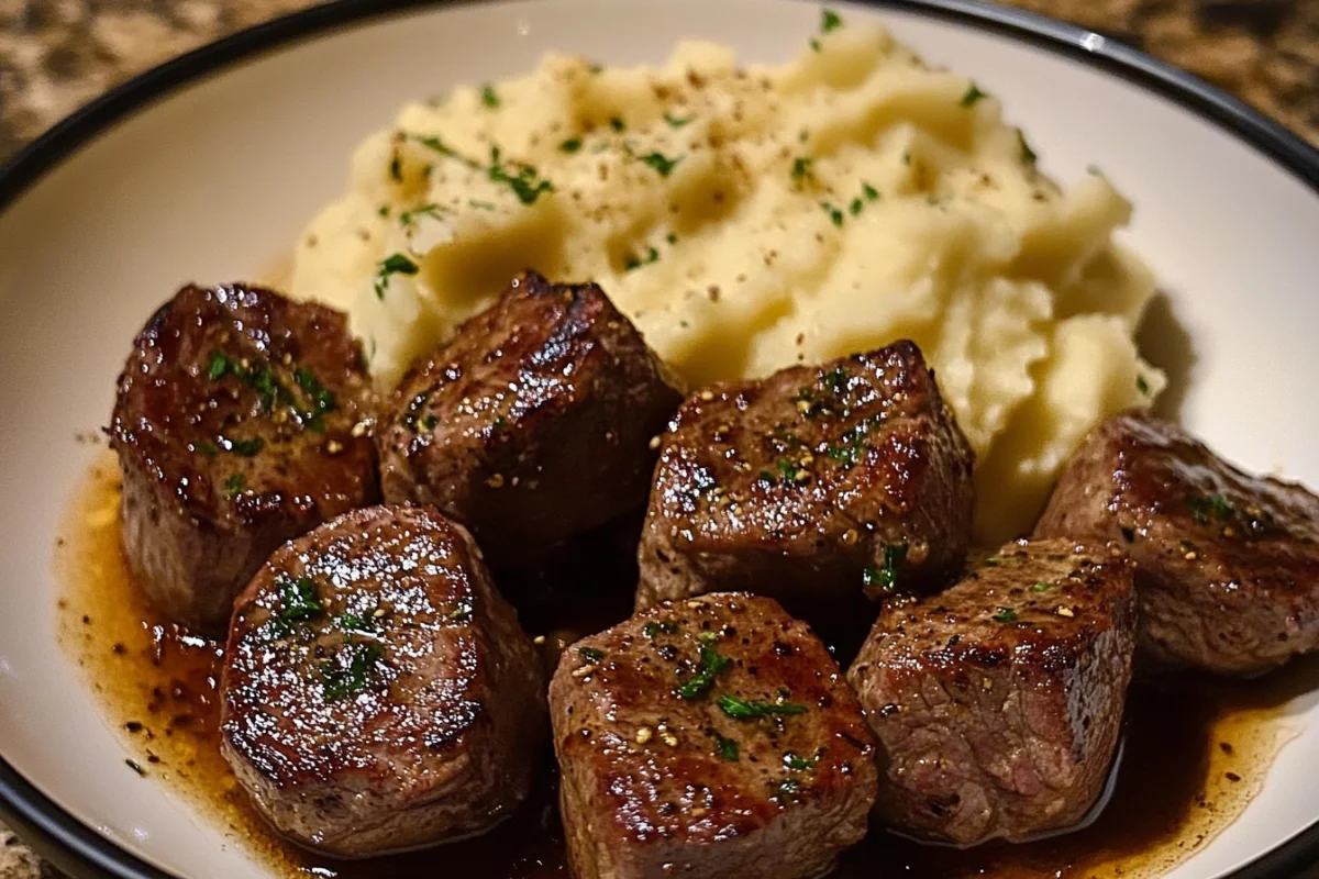 Garlic steak bites with mashed potatoes, Garlic butter beef bites, Creamy mashed potatoes with steak, Steak bites and mashed potatoes recipe, Butter garlic steak and mash