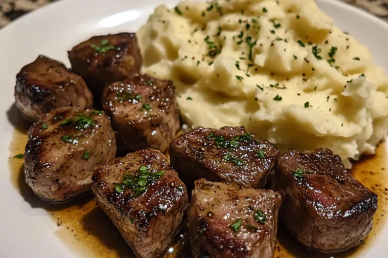 Garlic steak bites with mashed potatoes, Garlic butter beef bites, Creamy mashed potatoes with steak, Steak bites and mashed potatoes recipe, Butter garlic steak and mash