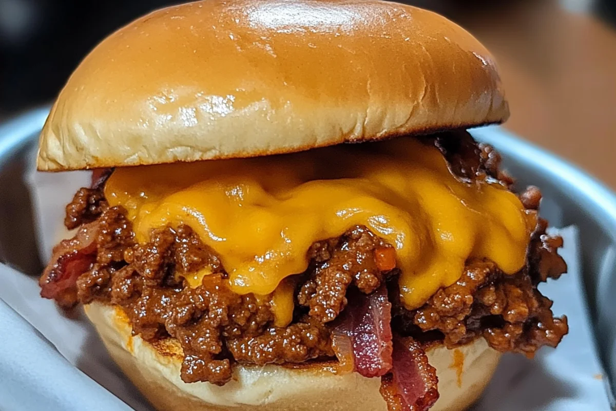 Cheddar Bacon Sloppy Joes, Bacon Cheddar Sloppy Joe Recipe, Sloppy Joe with Bacon and Cheese, Cheesy Bacon Sloppy Joe, Cheddar-Stuffed Sloppy Joes