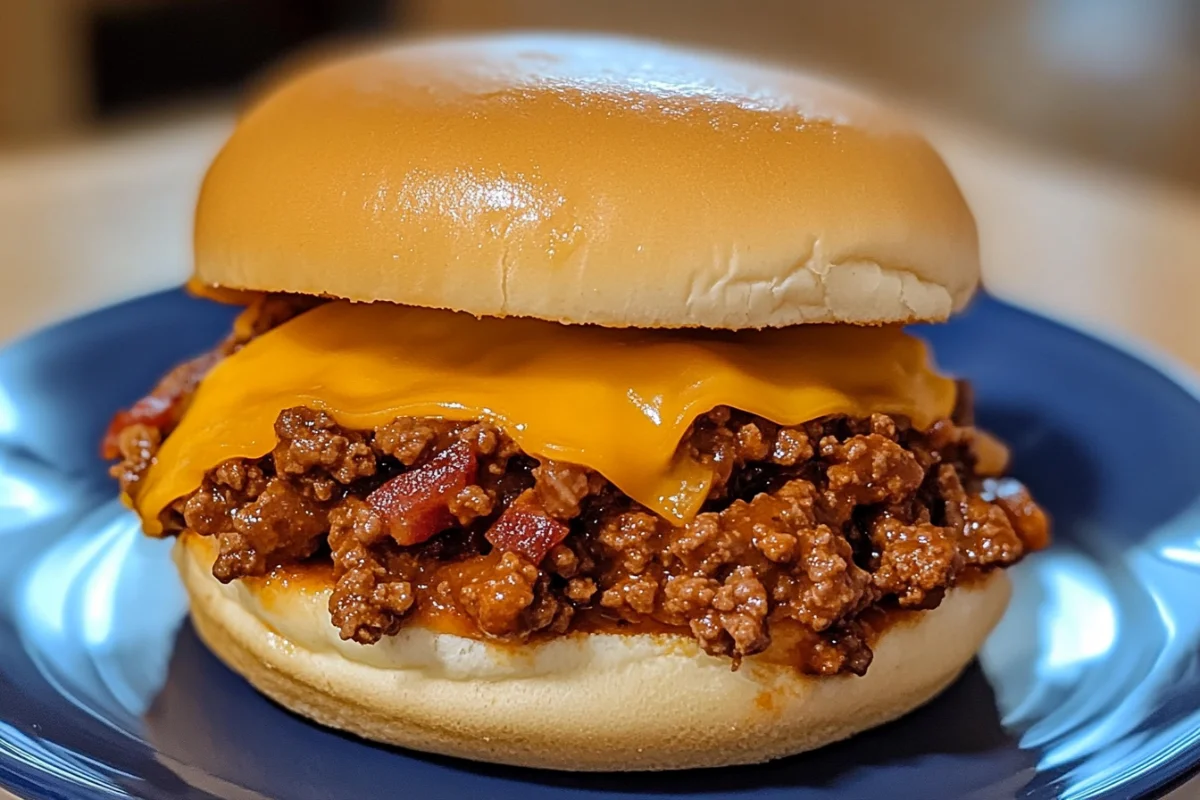 Cheddar Bacon Sloppy Joes, Bacon Cheddar Sloppy Joe Recipe, Sloppy Joe with Bacon and Cheese, Cheesy Bacon Sloppy Joe, Cheddar-Stuffed Sloppy Joes
