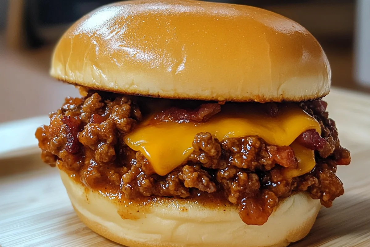 Cheddar Bacon Sloppy Joes, Bacon Cheddar Sloppy Joe Recipe, Sloppy Joe with Bacon and Cheese, Cheesy Bacon Sloppy Joe, Cheddar-Stuffed Sloppy Joes
