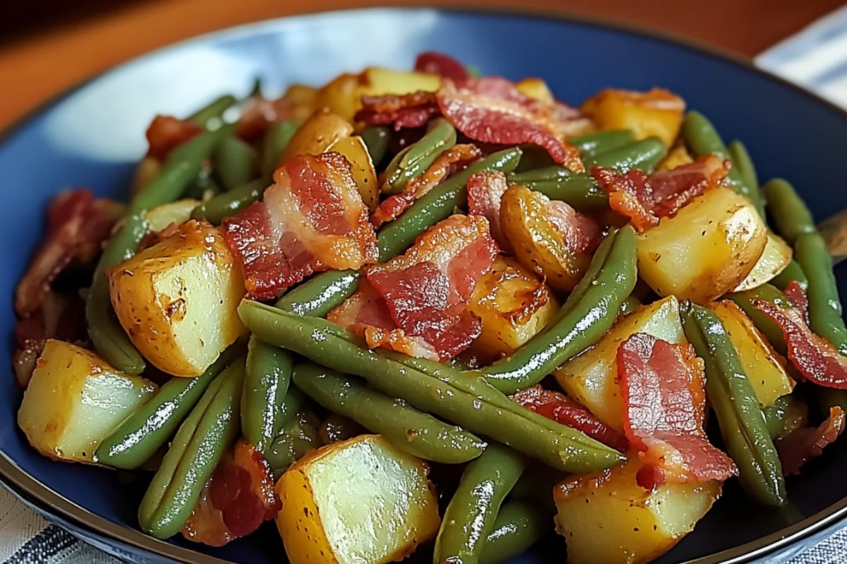 Ranch-style green beans and potatoes, Southern green beans and bacon, Green bean potato casserole, Bacon ranch green beans, Comfort food green beans with bacon