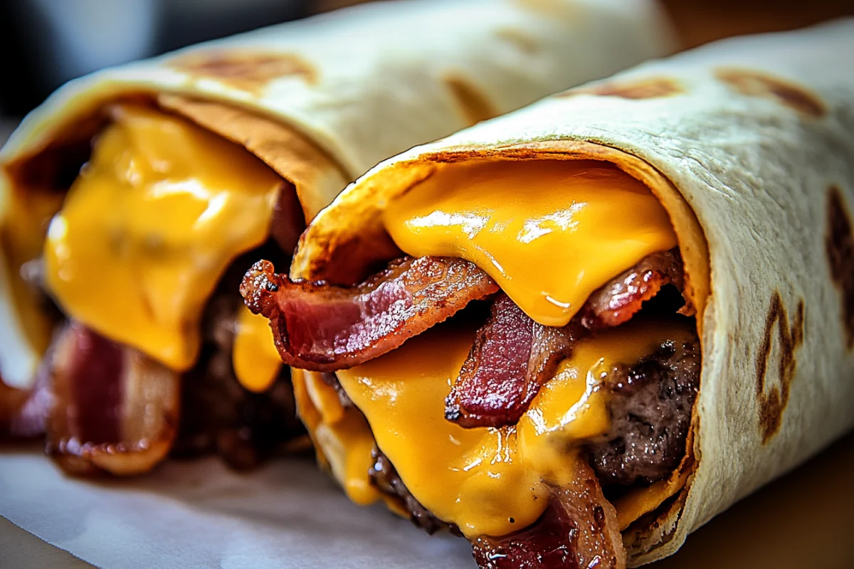 Bacon Cheeseburger Wrap, Cheesy Burger Tortilla, Bacon-Wrapped Burger, Cheesy Beef Wrap, Loaded Bacon Burger Wrap