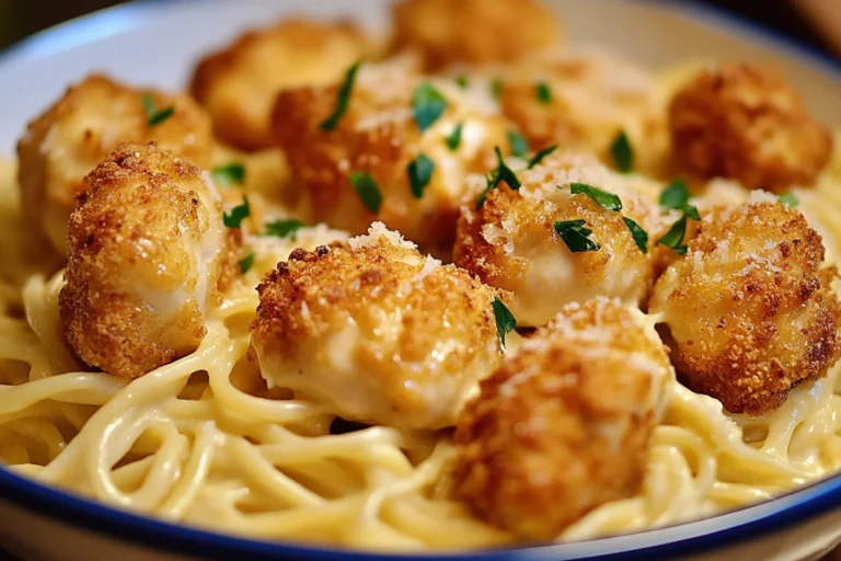 Golden Garlic Chicken Bites over Creamy Parmesan Pasta