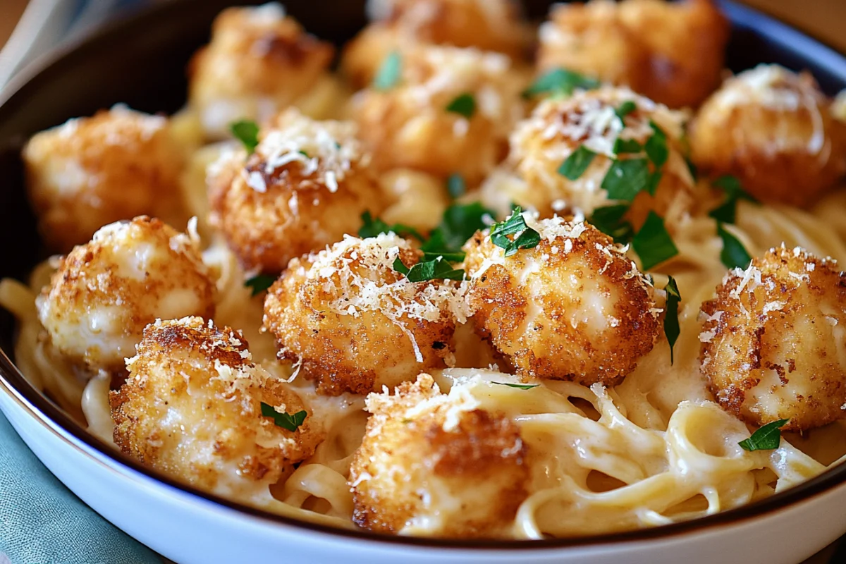 Golden Garlic Chicken Bites over Creamy Parmesan Pasta