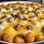 Tater Tot Breakfast Casserole with Sausage Gravy