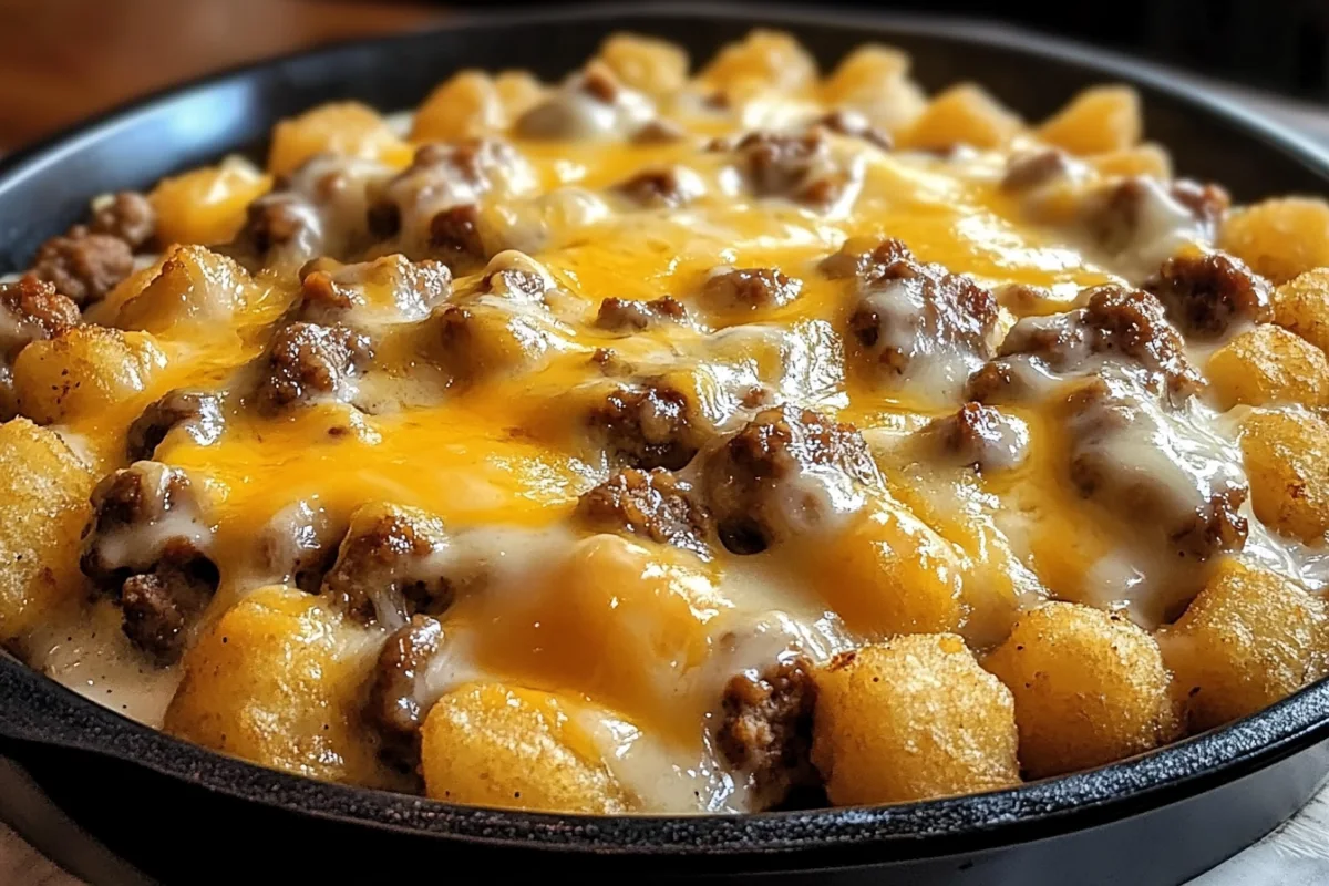 Tater Tot Breakfast Casserole with Sausage Gravy