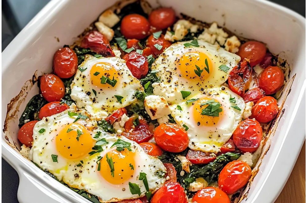 Simple Baked Feta Eggs with Vegetables and Fresh Spinach