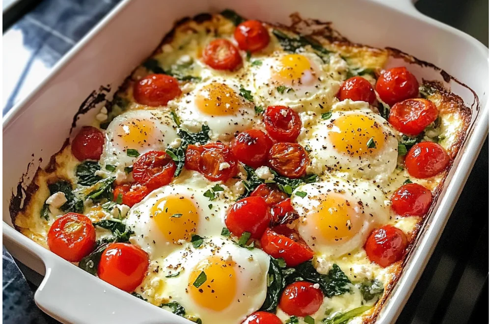 Simple Baked Feta Eggs with Vegetables and Fresh Spinach