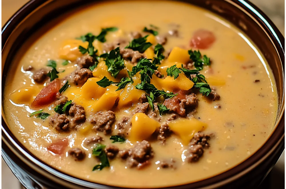 One-Pot Cheesy Crockpot Cheeseburger Soup for Busy Nights