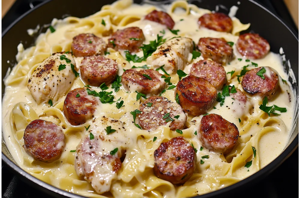 Easy Creamy Chicken & Smoked Sausage Alfredo Skillet