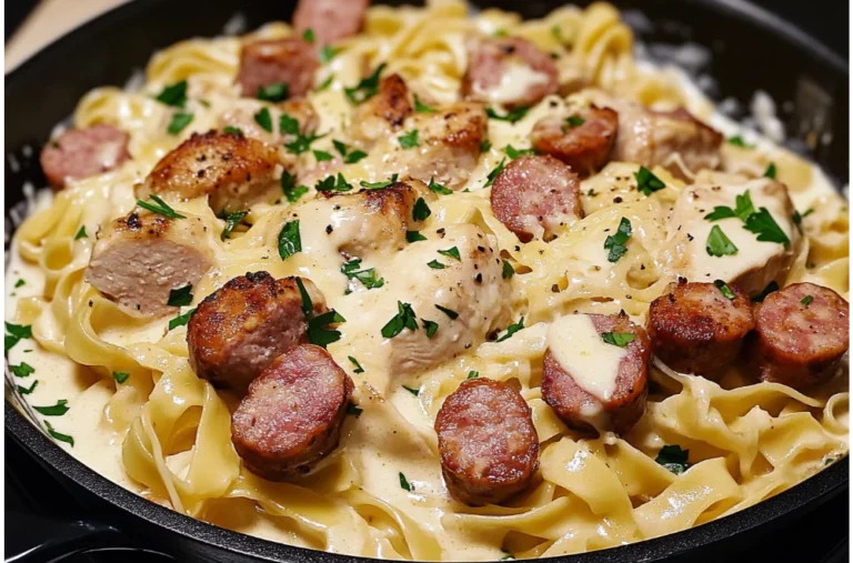 Easy Creamy Chicken & Smoked Sausage Alfredo Skillet