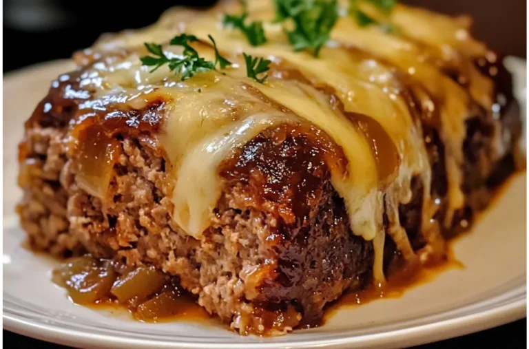 Crockpot French Onion Meatloaf with Melted Swiss Cheese