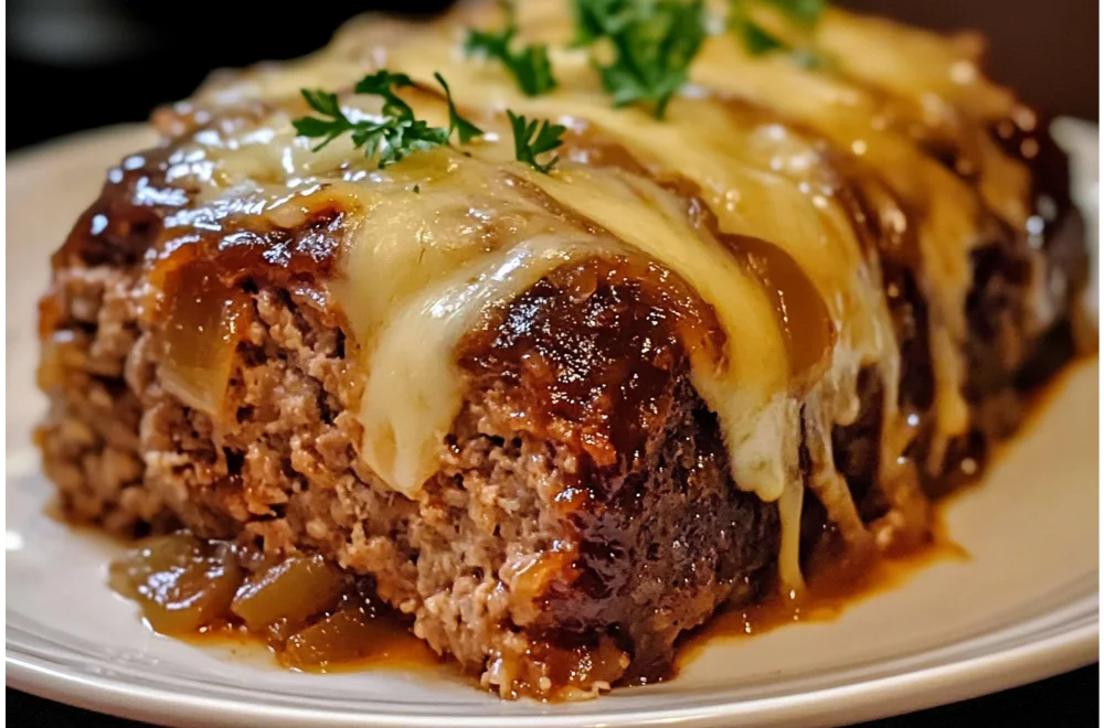 Crockpot French Onion Meatloaf with Melted Swiss Cheese