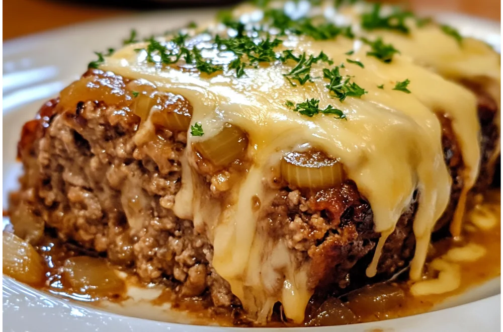 Crockpot French Onion Meatloaf with Melted Swiss Cheese