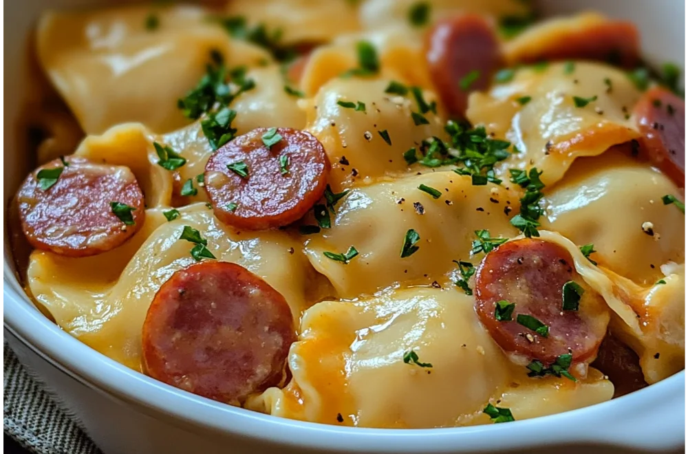 Easy Crockpot Pierogi Casserole with Kielbasa and Cheese