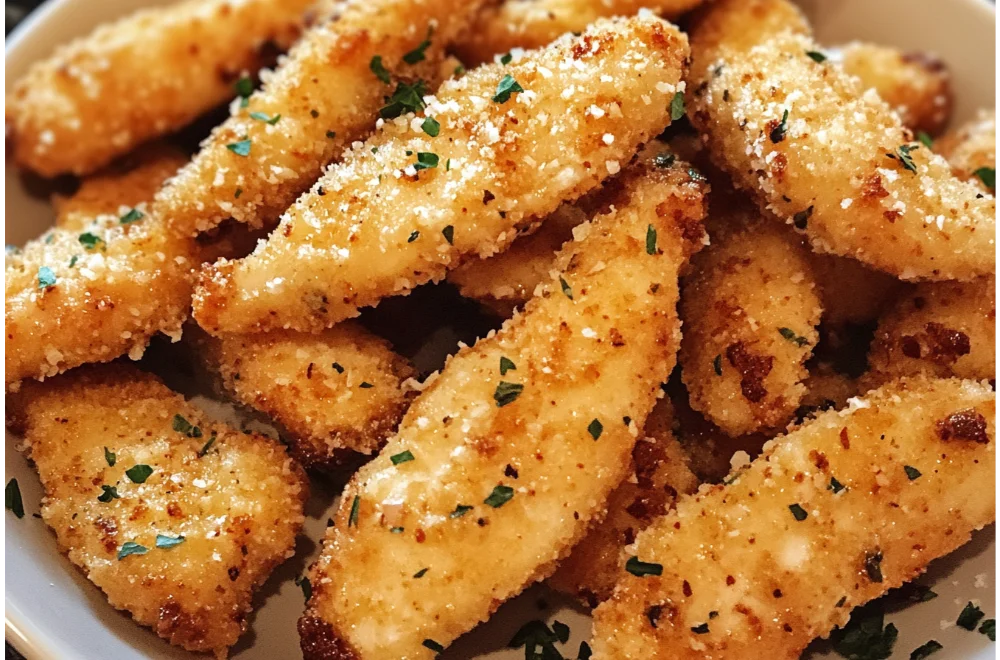 Garlic Butter Parmesan Chicken Strips – Crispy & Cheesy