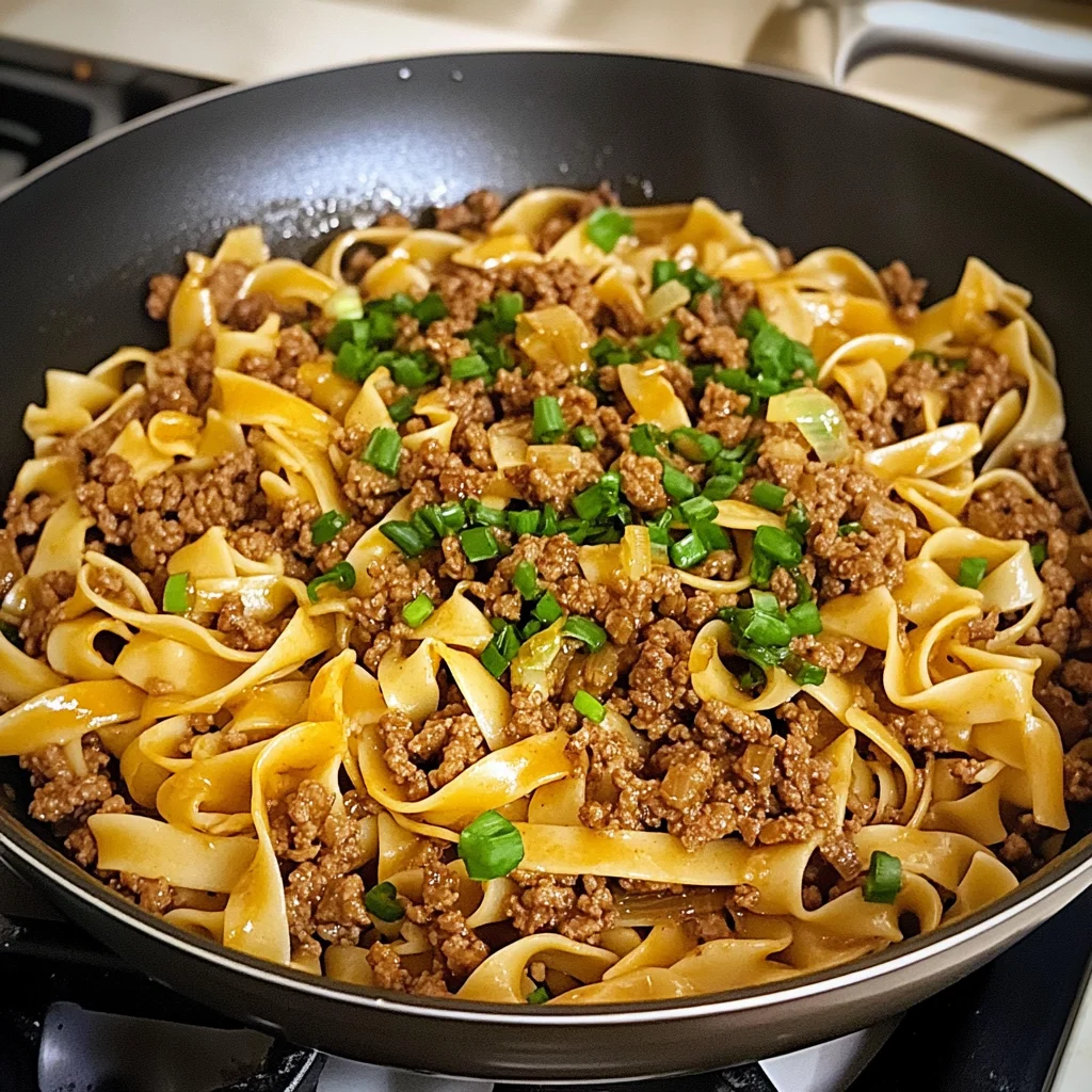 Mongolian Ground Beef and Noodles in Skillet Recipe