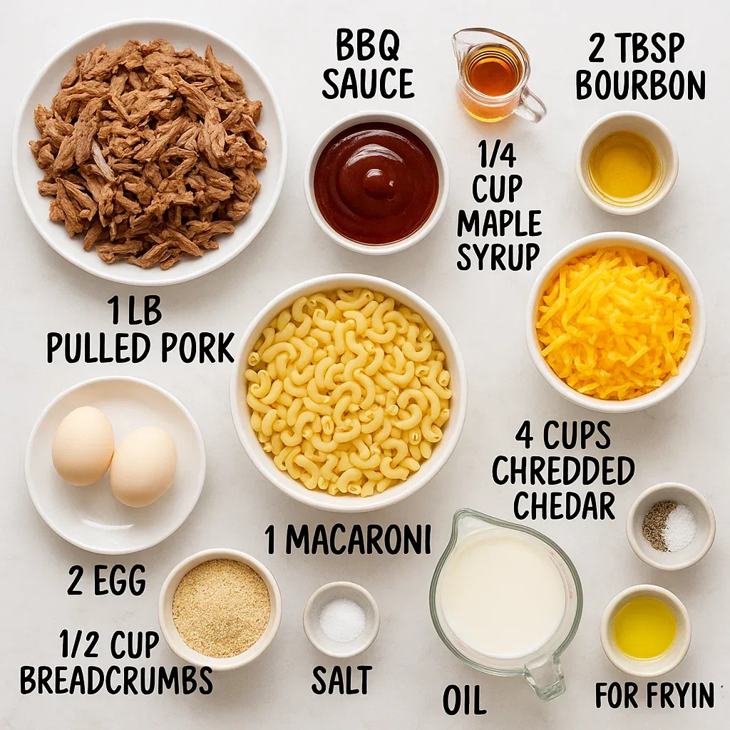 Complete ingredient spread for Smoky Maple Bourbon BBQ Pulled Pork Mac & Cheese Bombs recipe