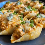 Close-up of buffalo chicken stuffed pasta shells topped with melted cheese, blue cheese crumbles, and chopped green onions.
