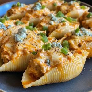Close-up of buffalo chicken stuffed pasta shells topped with melted cheese, blue cheese crumbles, and chopped green onions.