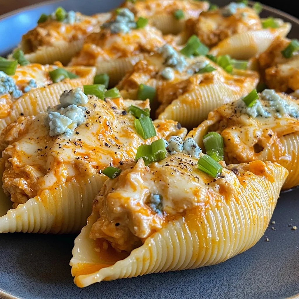 Close-up of buffalo chicken stuffed pasta shells topped with melted cheese, blue cheese crumbles, and chopped green onions.