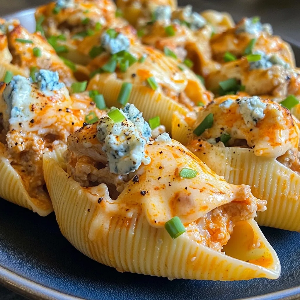 Buffalo chicken stuffed shells topped with melted cheese and blue cheese, garnished with green onions on a black plate.