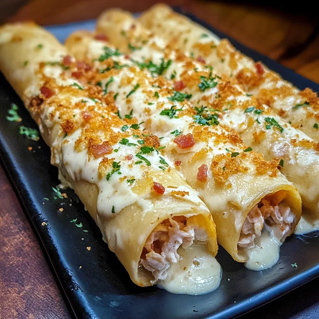 Freshly baked chicken alfredo taquitos arranged on a black rectangular plate, topped with melted cheese, breadcrumbs and fresh herbs.