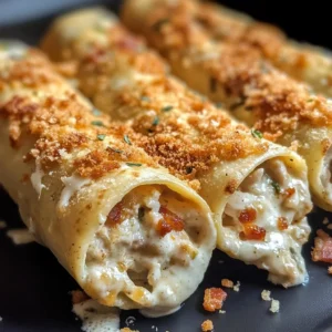 Close-up of baked chicken alfredo taquitos with visible creamy filling containing bacon bits and jalapeños, topped with golden breadcrumbs.