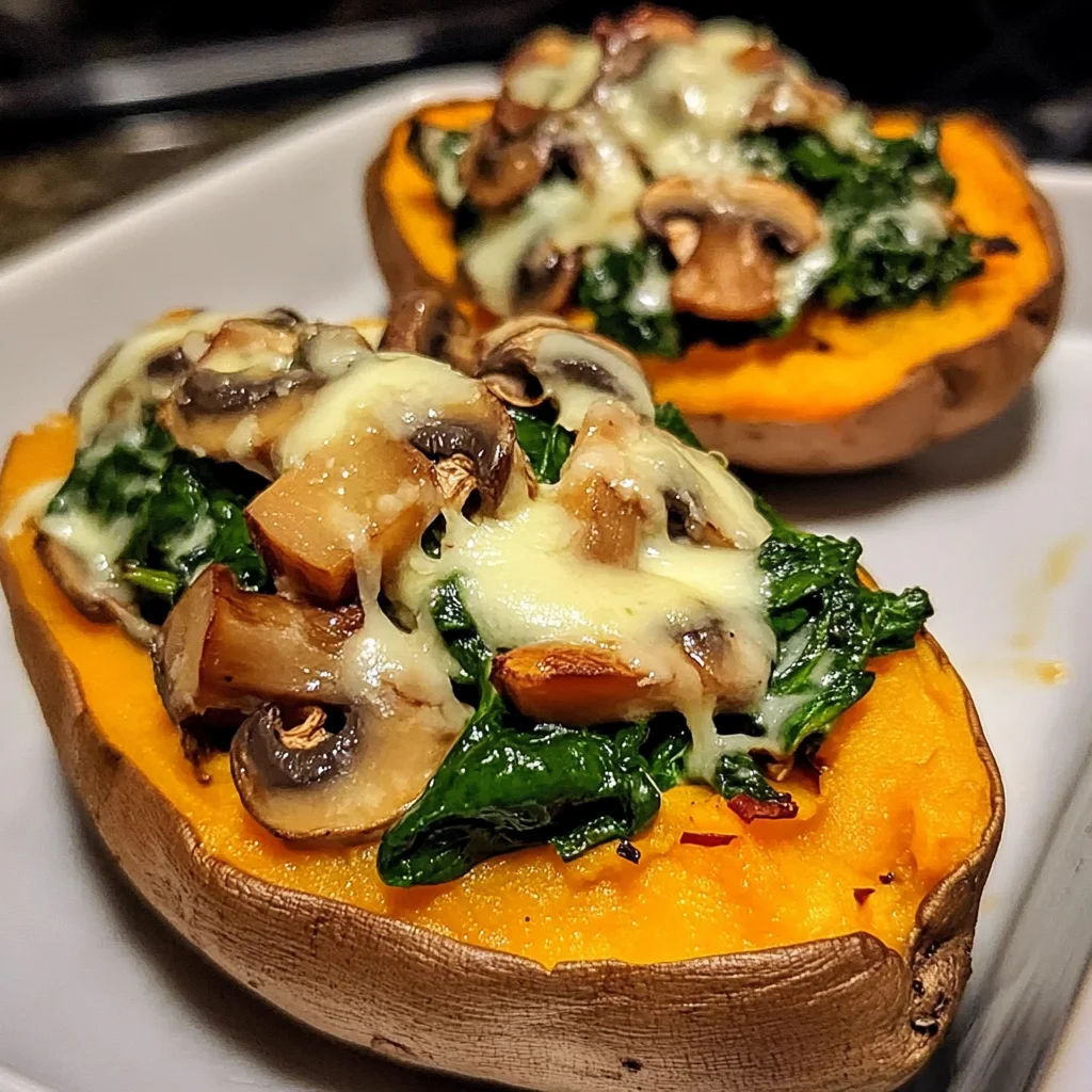 Creamy Mushroom Spinach Stuffed Sweet Potatoes Recipe