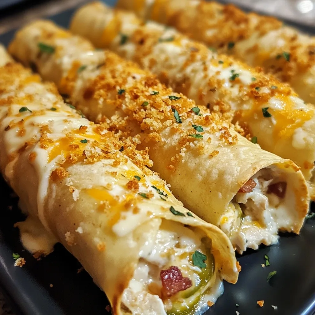 Golden-brown jalapeño popper chicken alfredo taquitos topped with crispy panko breadcrumbs, melted cheese, and fresh herbs arranged on a dark plate.