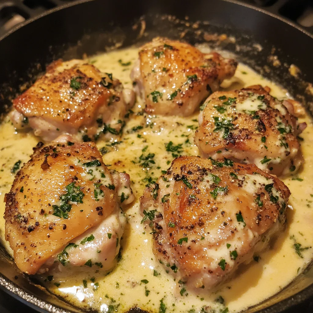 Easy Creamy Garlic Butter Chicken Thighs Skillet Meal