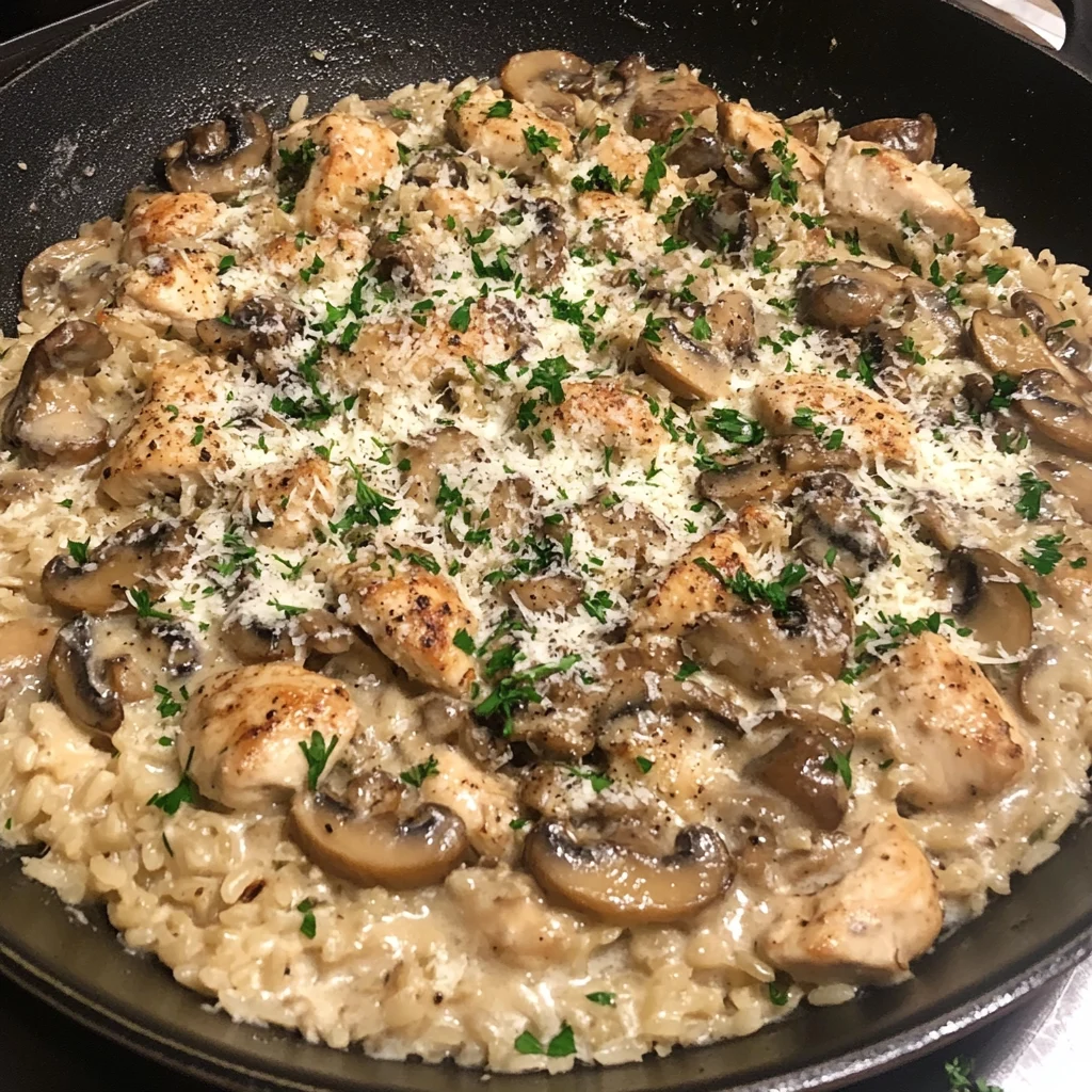 Best Creamy Mushroom Garlic Chicken and Rice Skillet Dish