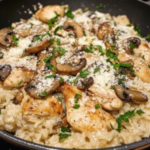 Best Creamy Mushroom Garlic Chicken and Rice Skillet Dish