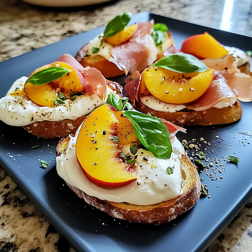 Cheesy Burrata Crostini with Prosciutto and Peaches