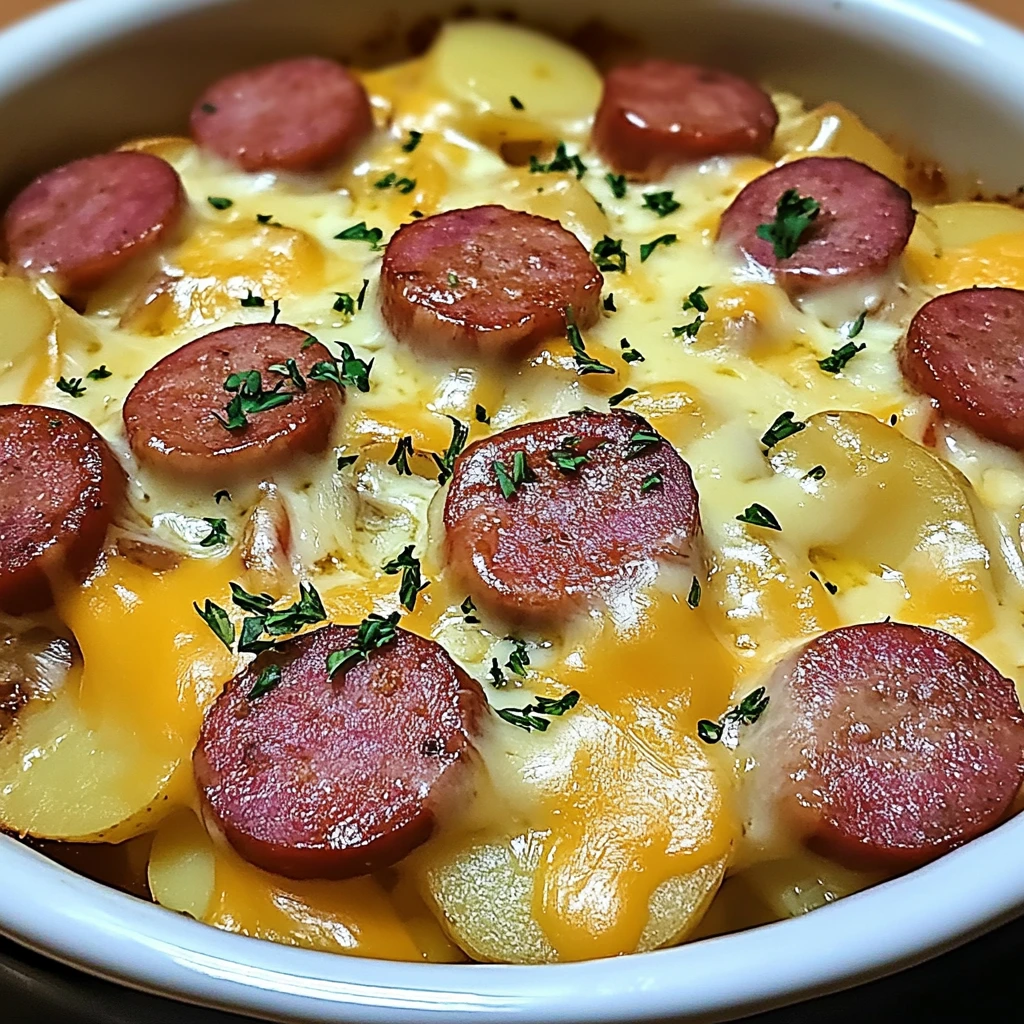 Creamy Slow Cooker Cheesy Potatoes and Kielbasa - 7 Ingredients Supreme Delicious