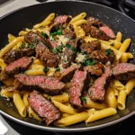 One-Skillet Spicy Garlic Butter Parmesan Steak Pasta - 30 Minutes Awesome Delicious