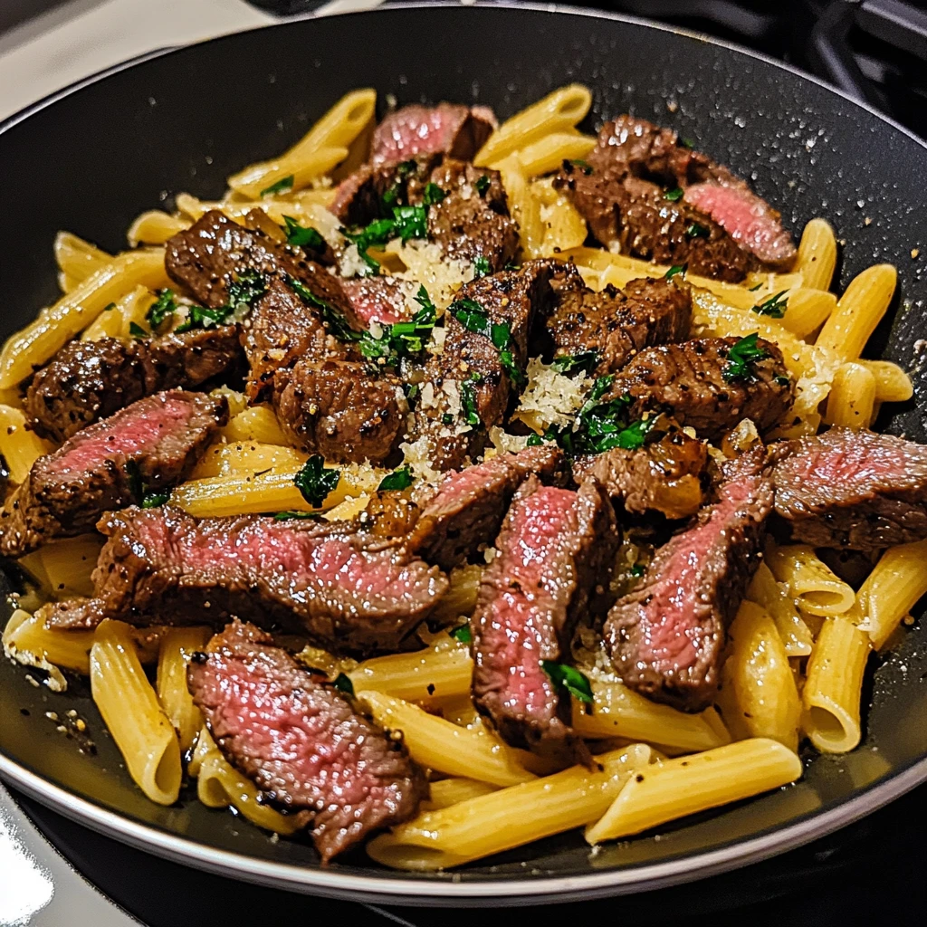 One-Skillet Spicy Garlic Butter Parmesan Steak Pasta - 30 Minutes Awesome Delicious