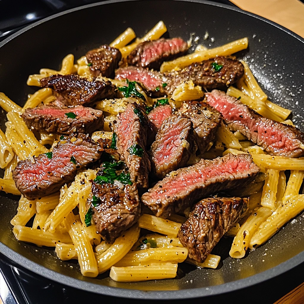 One-Skillet Spicy Garlic Butter Parmesan Steak Pasta - 30 Minutes Awesome Delicious