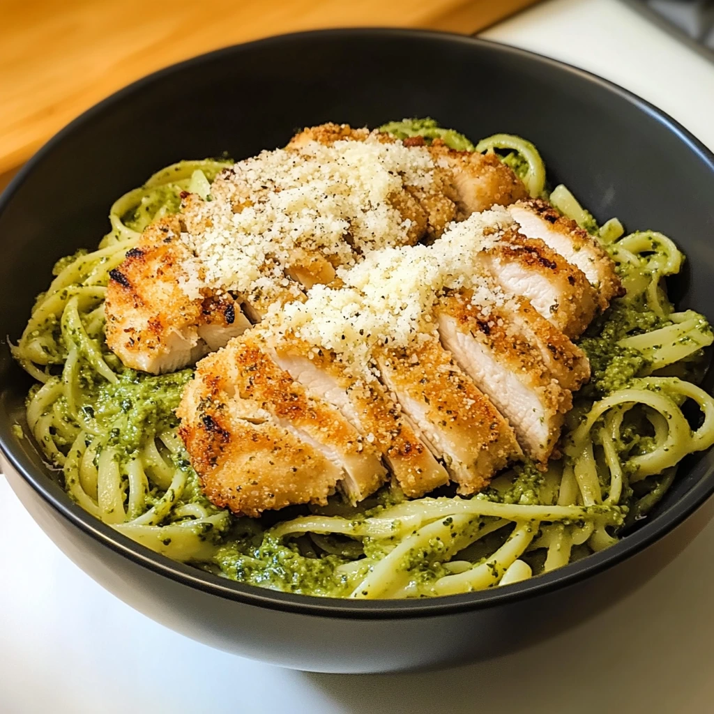 Pesto Pasta with Crispy Parmesan Chicken - 30 Minutes - Easy - Delicious