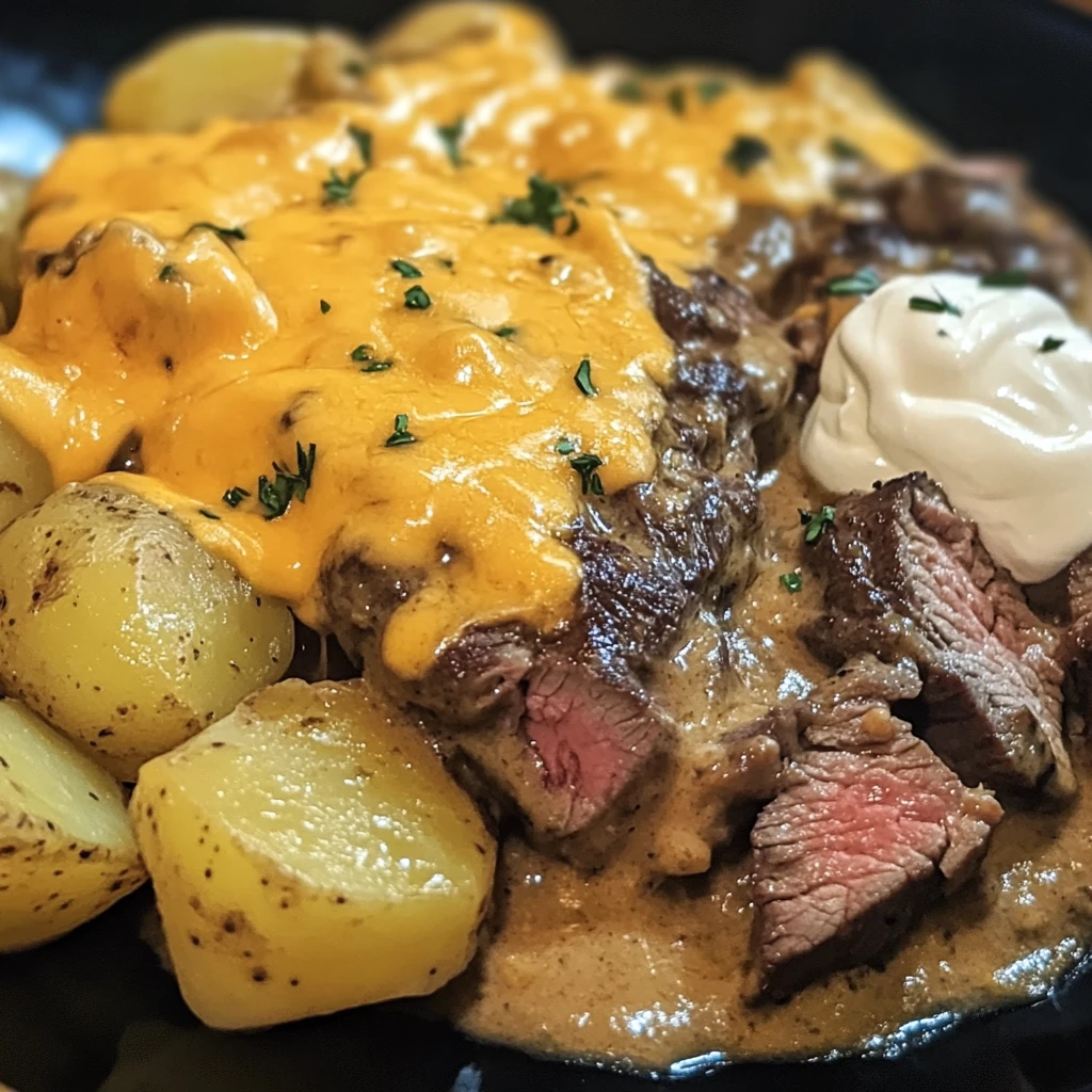 Discover the Crockpot Cheesy Garlic Steak and Potato Bake. Enjoy a hearty meal that's easy to make! Try it today!