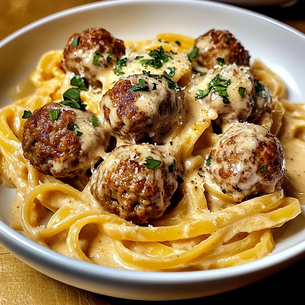 Garlic Butter Meatballs with Creamy Linguine Delight