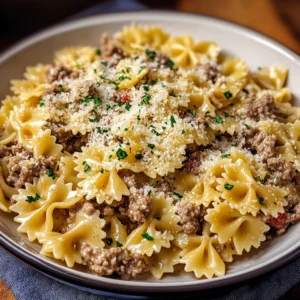 Garlic Parmesan Bowtie Pasta with Creamy Beef - 30 Minutes Ultimate Delicious