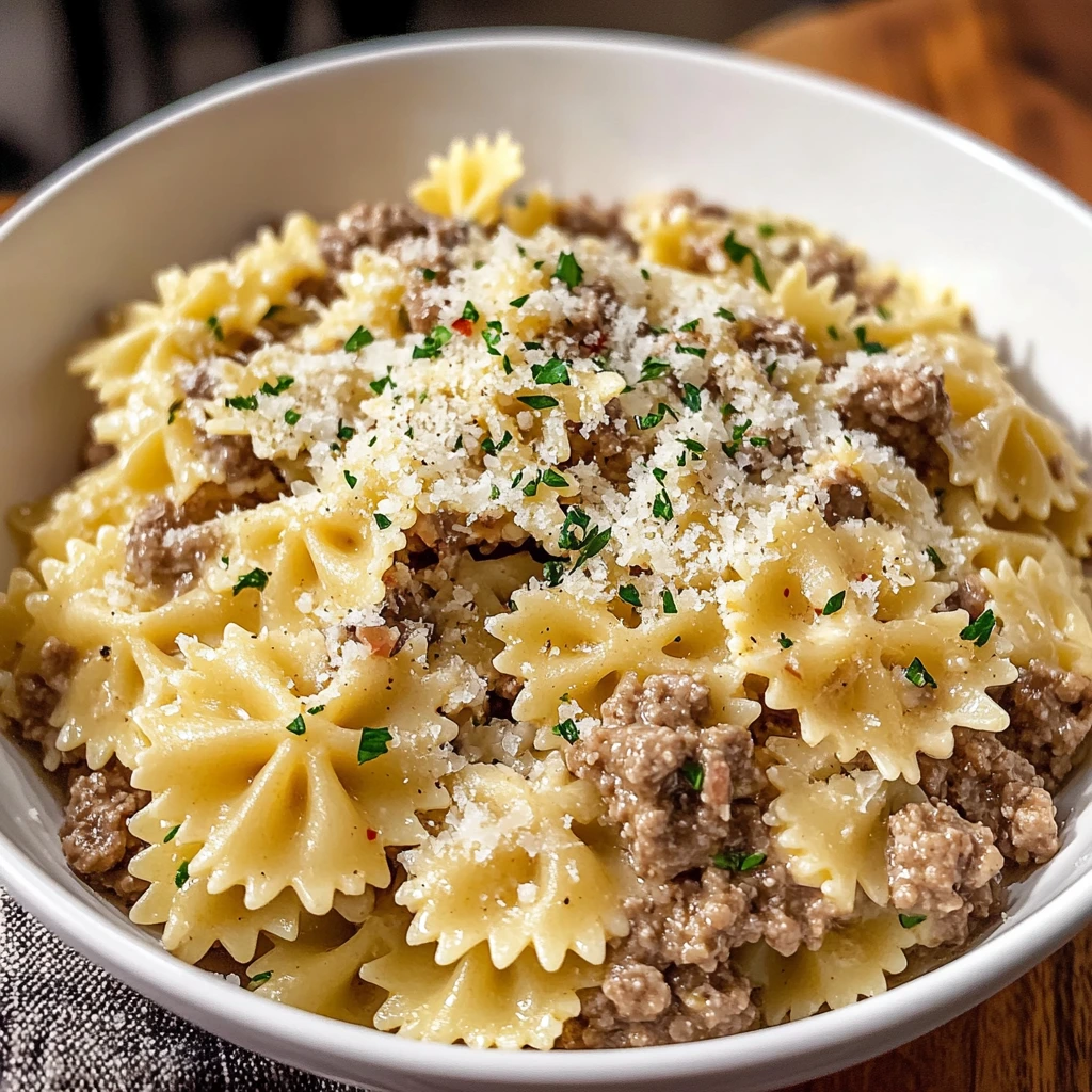 Garlic Parmesan Bowtie Pasta with Creamy Beef - 30 Minutes Ultimate Delicious