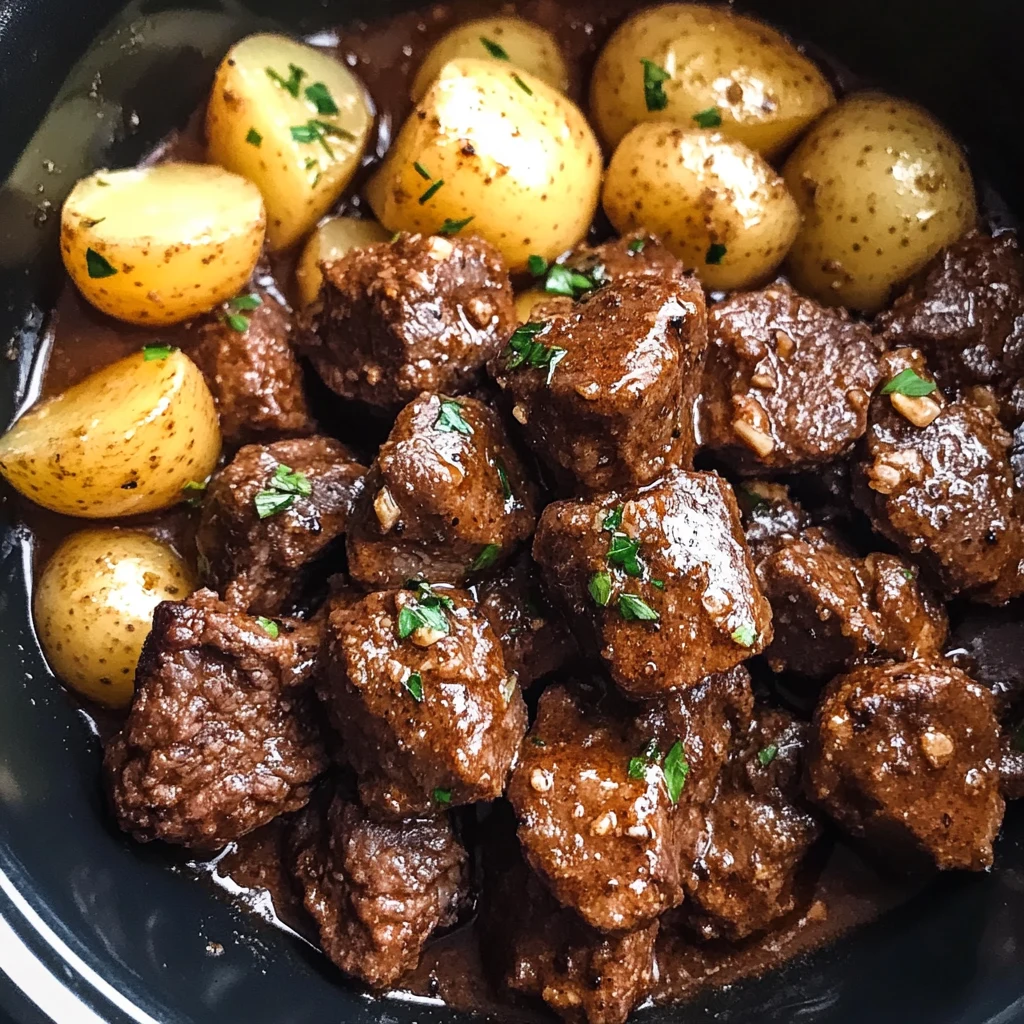 Slow Cooker Garlic Butter Beef Bites & Potatoes Easy Delicious