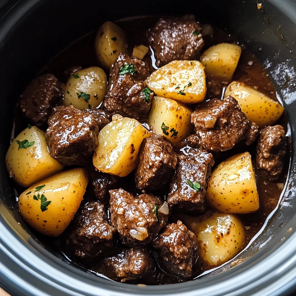 Slow Cooker Garlic Butter Beef Bites & Potatoes Easy Delicious