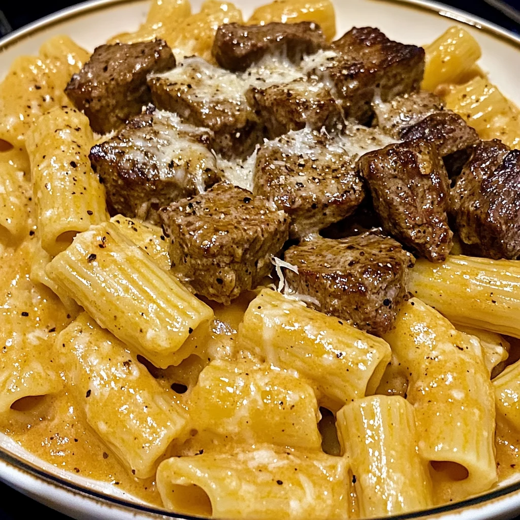 Cajun Steak Tips in Cheesy Rigatoni Parmesan Sauce Recipe